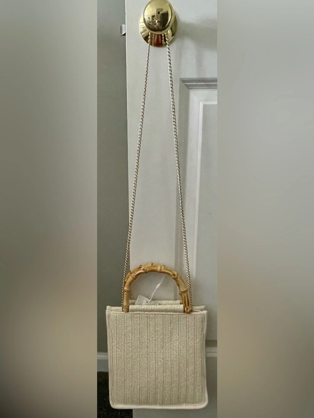 Tommy Bahama Cream Woven Raffia Tote with Bamboo Handles & Crossbody Chain